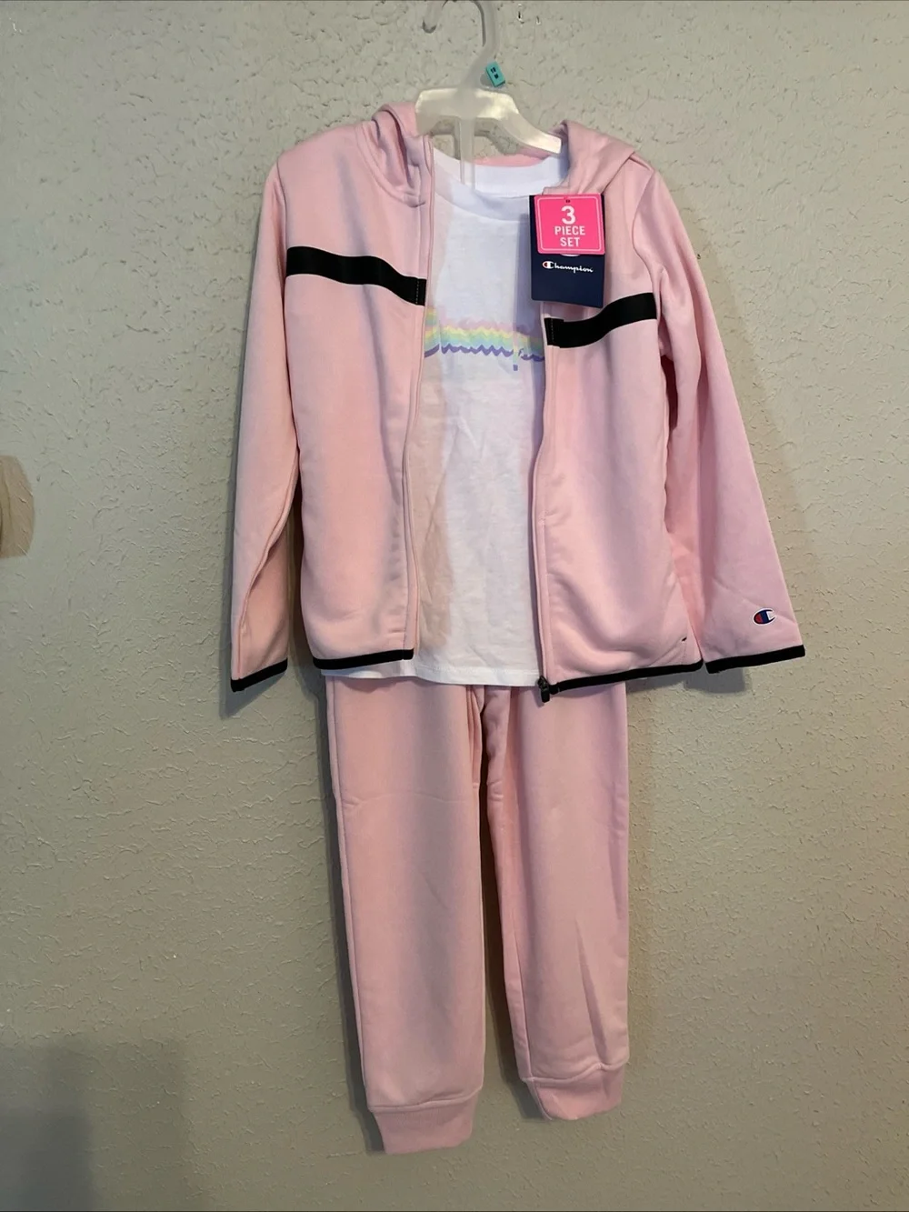 Champion Light Pink Girls' 3-Piece Hoodie & Jogger Set with White Tee